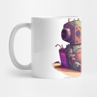 Cute, rusty robot having some snaks. No background. Mug